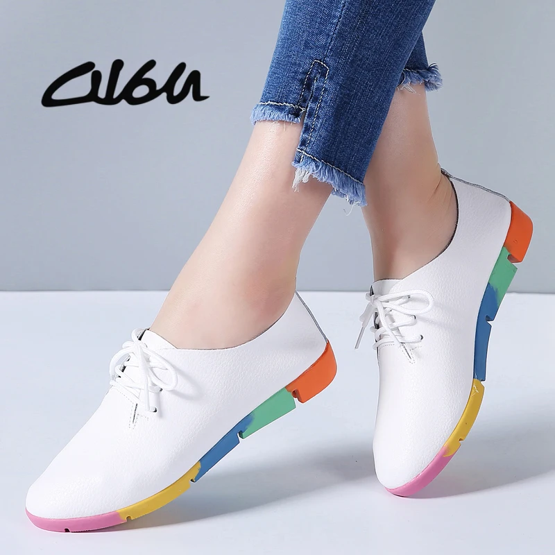 

O16U Women oxford shoes ballerina Flats genuine leather pointed toe Lace up moccasins Ladies casual shoes Female White black
