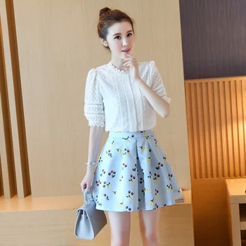 

A Woman White Blouse Blue Skirt Outfit Summer Wear New Lace Wave Short Sleeve Shirt Printing Bitter Fleabane Skirt Suits S-XL