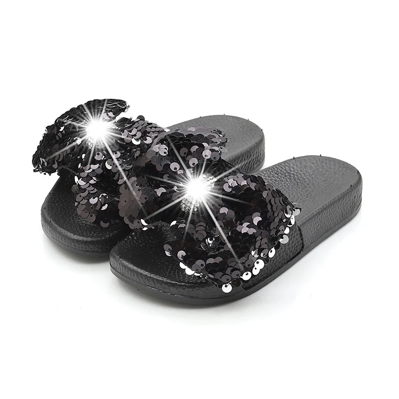 Летние детские модные шлепанцы для маленьких девочек обувь с бантом со стразами тапочки для малышей Детская блестящая брендовые черные шлепанцы с пайетками - Цвет: Черный