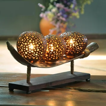 

Southeast Asian style coconut shell carved decorative table lamp warm light handmade personality bedroom bedside lamp lw52053py