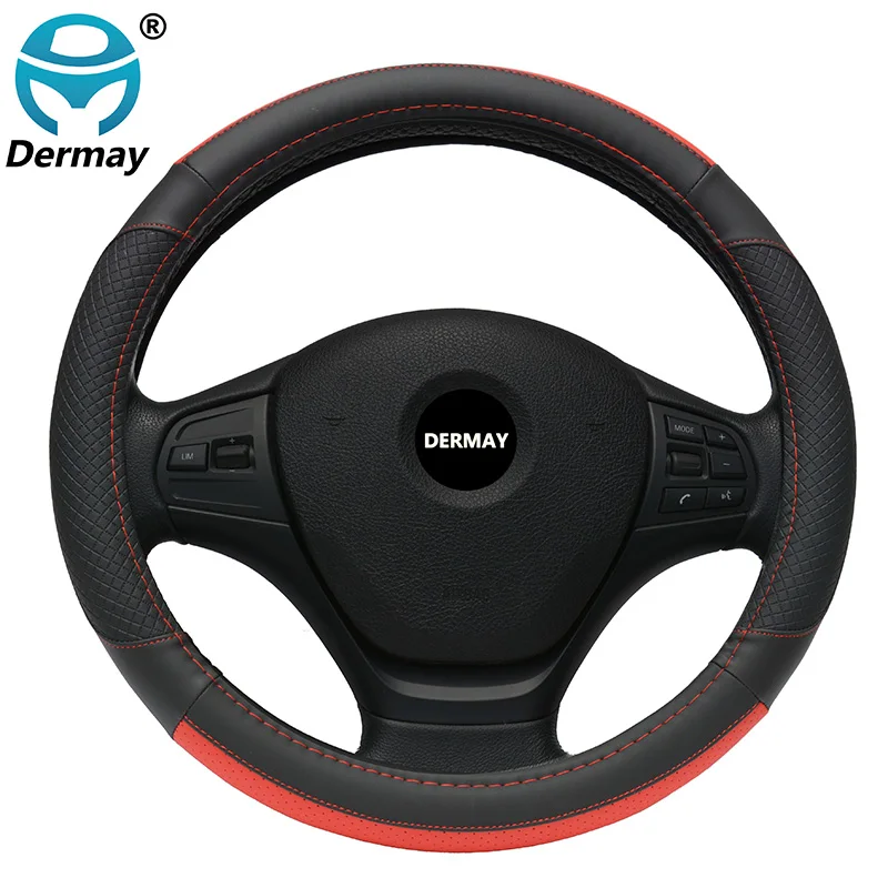 

DERMAY New Leather Car Steering Wheel Cover Red 38cm Diameter Universal Size Car inner accessories Auto wheel covers