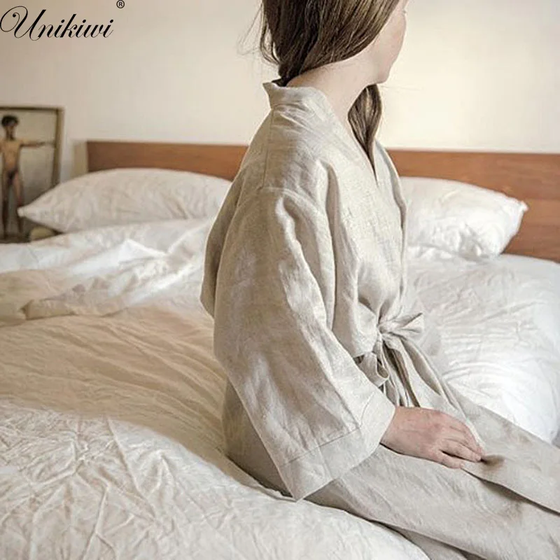 Women Sleepwear Robes Linen Pajamas.Breathable Shower Spa Linen Robe Night Bathrobes Sleep Nightgown Robe Dressing Gown.8 Colors