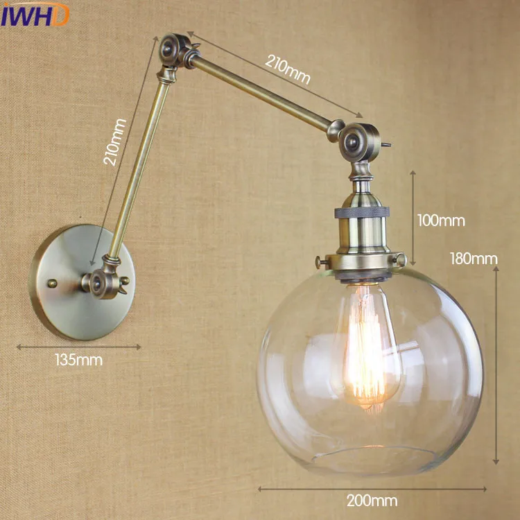 IWHD качели длинные руки arandela стеклянный шар промышленный светодиодный настенный светильник вверх вниз Лофт стиль винтажный настенный светильник спальня кровать железобетон