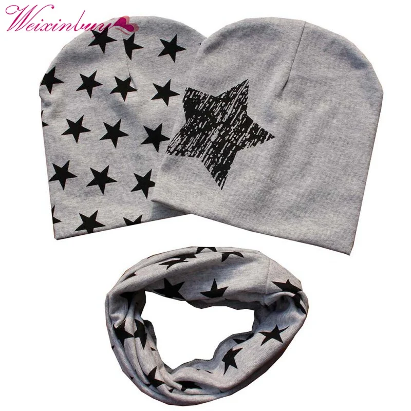 

Cotton Baby Hat Scarf Kids Hat Autumn Winter Children Scarf-collar Boys Girls Warm Beanies Star Print Infant Hats Sets