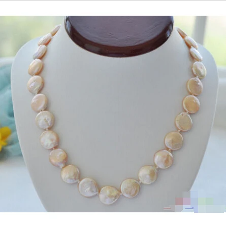 

FREE SHIPPING>>>@@ > P3904 17" 14mm pink coin Freshwater cultured pearl necklace magnet ^^^@^Noble style Natural Fine jewe &