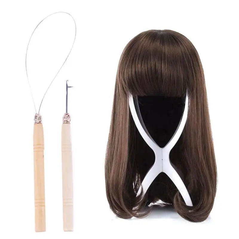 2pcs/Set Wooden Handle Crochet Hook Threader Pulling Needle For Linking Micro Rings/Loop Needle