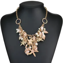 Conch colar e pingente de pérolas feminino, concha estrelada, simulado moderno, doce, estrela, mar, multicamadas, joias de casamento