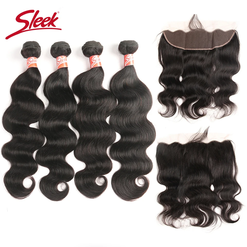 Sleek Human Hair Bundles With Lace Frontal Closure With Baby Hair Brazilian Body Wave Hair 2 3 4 Bundles Hair Extension Non Remy
