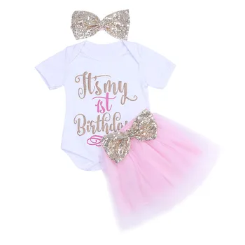 

New Baby Girl Clothing Summer Sequin Bow Tutu Newborn Dress (Tops+Headband+Dress) 3pcs Clothes Baby First Birthday Pink Costumes