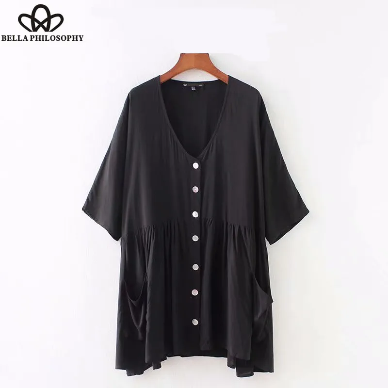 Wonder 2018 vintage v neck pleated buttons loose black mini dress elegant big pockets vestidos fashion dress party brand dress