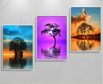 

Nordic simplified trees reflection landscape decoration for living room triple decorative paintings painted on canvas Unframed
