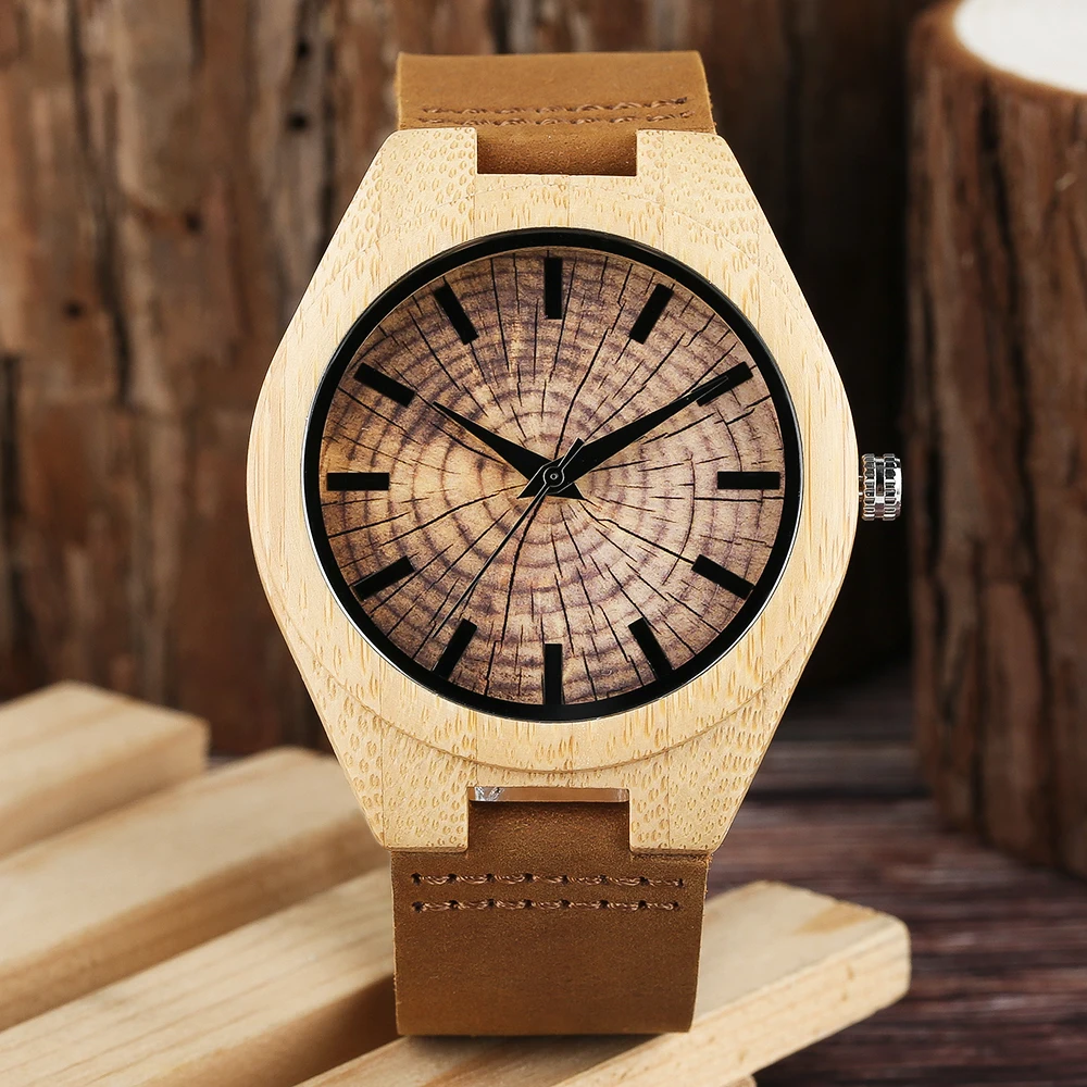 Growth Ring Dial Women Bamboo Wood Watch Brown Geunine Leather Strap Men Female Wooden Quartz Watches Handmade Wood Clock Reloj (20)