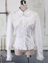 White Cotton Lolita Blouse Long Sleeves Lace Trim Turn-down Collar Ruffles blouse 0800500 49