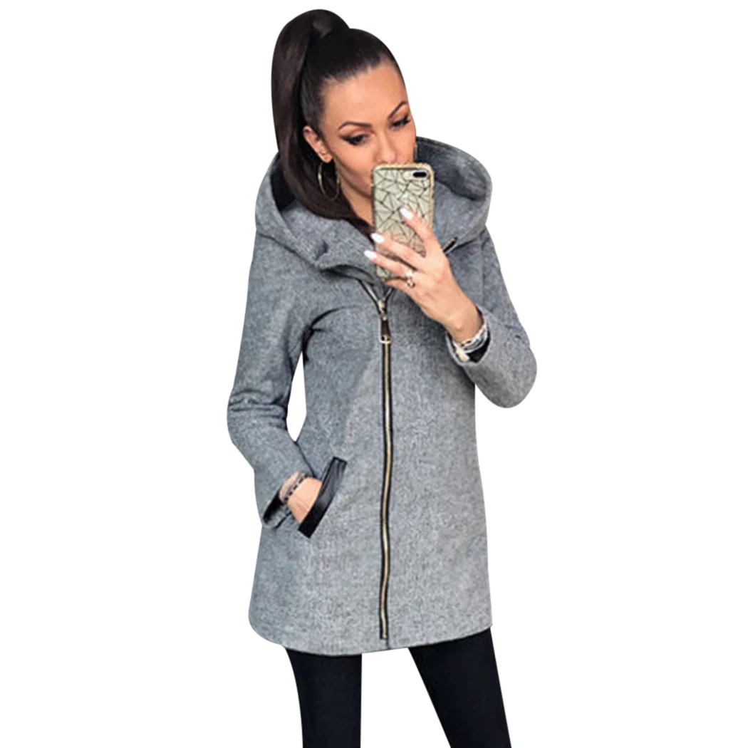 

Womens Zipper Long Jacket Ladies Lapels Thicken Warm Winter Hooded Coat Zipper Hooded Wool Overcoat Female Jacket Outwear Q4