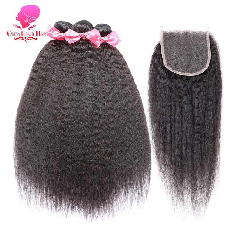 

Queen Hair Products Natural Color 2/3/4 Bundles with Closure Brazilian Remy Human Hair Weave Kinky Straight Bundles with Closure