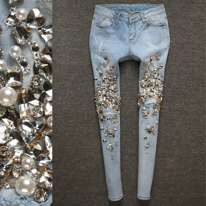 

2019 spring Ripped ankle length Handmade Diamonds Crystal Holes Pencil Jeans Bling Bling Pants Women skinny jeans
