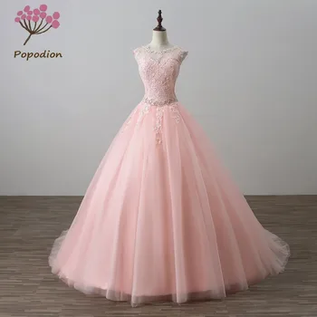 

Popodion rhinestone wedding dress plus size bride dress lace wedding gowns vestido de noiva WED90415