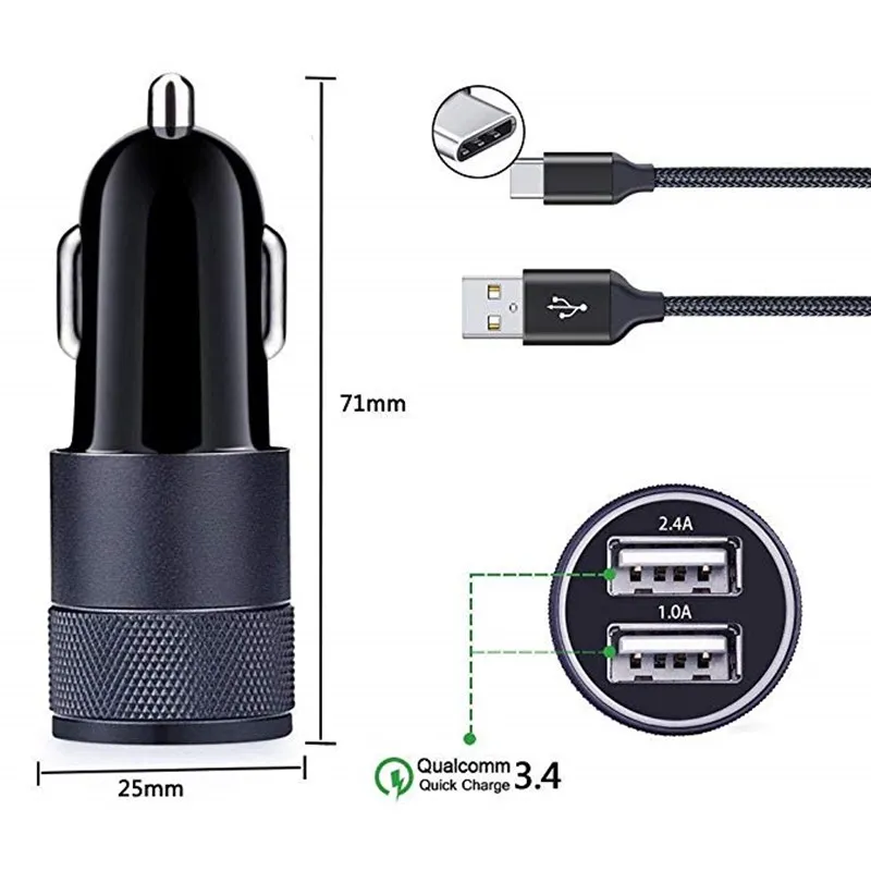 Автомобильное зарядное устройство адаптер металлический двойной 1 м usb type-C зарядный кабель для huawei mate 20X Xiaomi Mi 8 lite Pocophone F1 samsung A8 A9