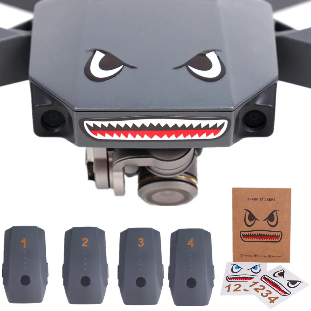 

2 Pcs Waterproof Facial Decal Skin Sticker for DJI Spark Drone Shark Stickers for DJI Mavic Pro and Numbers for Batteries