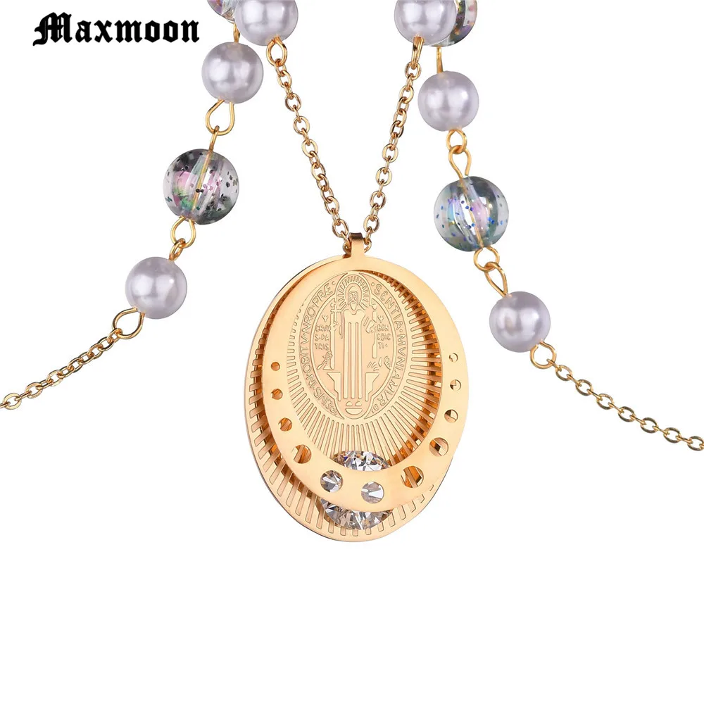 Maxmoon 3D Round Saint Benedict Stainless Steel Medal Antique Silver Color Gold Cross Pendant Necklaces Women Girl Gift | Украшения и