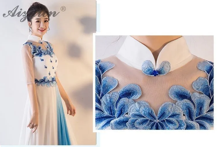 Модные синие Cheongsam Qipao Для женщин длинные традиционное китайское ...