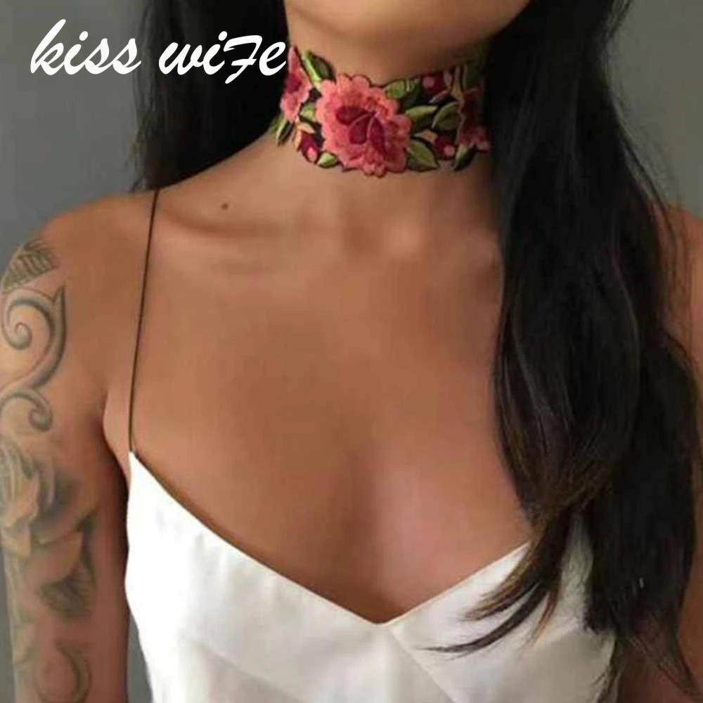

KISSWIFE 1 pcs New Bohemian Flower Printed Choker Necklace for Women Fashion Steampunk Necklace Tattoo Jewelry Collar de mujer