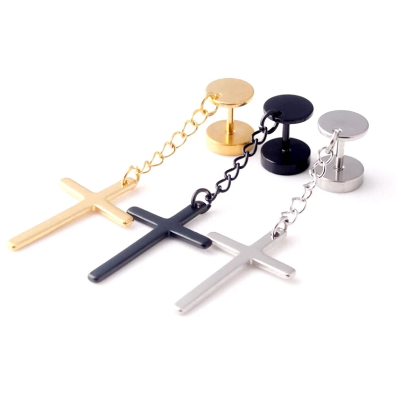 

1 Pieces! Punk Gothic Stainless Steel Stud Earring Cross Round Fake Ear Taper Dumbbell Fashion Women Mens Rock Style Jewelry