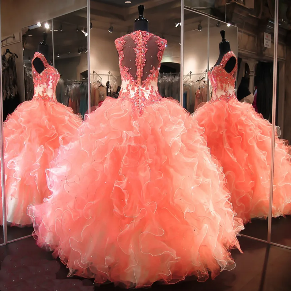 Коралловые пышные платья 2018 Vestidos De 15 Anos бальное платье с бусинами и рюшами из