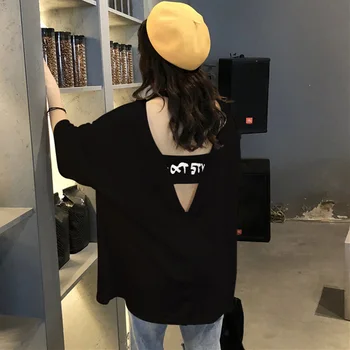 

summer new letter printed tshirt female fashion Back hollow creative women t shirt korean casual loose All-match black t-shirts