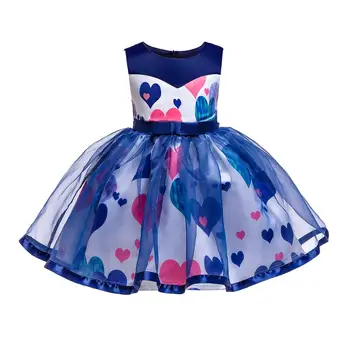 

2019 Children's Sleeveless Loving Heart Print Mesh Ball Gown Wedding Dress Princess Party Girls Bow Tutu Dresses vestidos