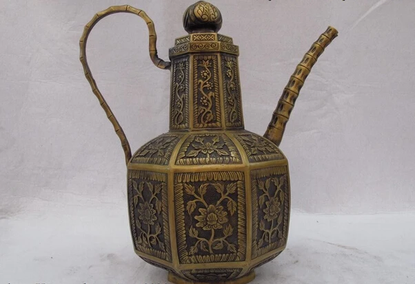 

USPS to USA S0928 Tibet Buddhism classical Bronze Copper flower wine pot Teapot statue B0401