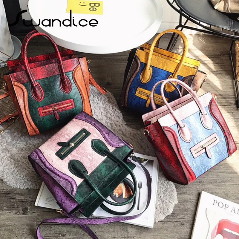 

Real Genuine Leather Python Snake Contrast Colour Blocking Trapeze Handbags Messenger Crossbody Tote Shoulder Bags Women Female