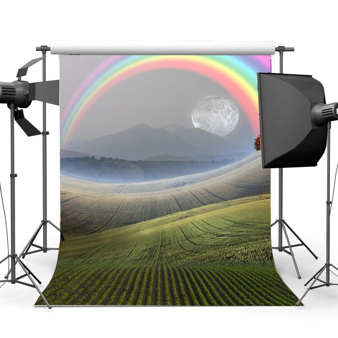 

Fairytale Backdrop Spring Farmland Backdrops Rainbow Sunrise Jungle Forest Trees Wheat Field Green Background