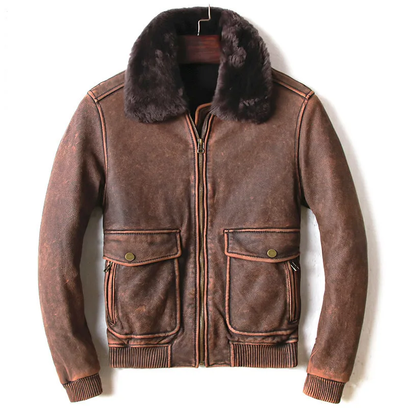 

2019 Men Vintage Brown USAF Pilot Leather Jacket Wool Collar Plus Size XXXL Genuine Thick Cowhide Flight Coat FREE SHIPPING