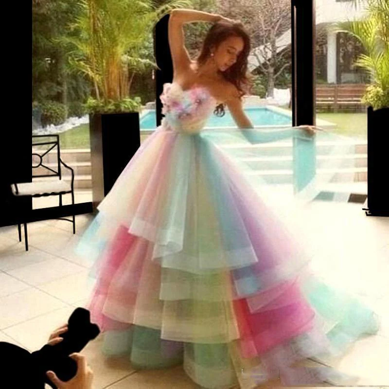 Vestido De Formatura Longo красочные радужные Бальные платья с 3D цветком женская блуза с послойным расположением ткани, оборочками и v-образным вырезом Вечерние платья Abendkleider