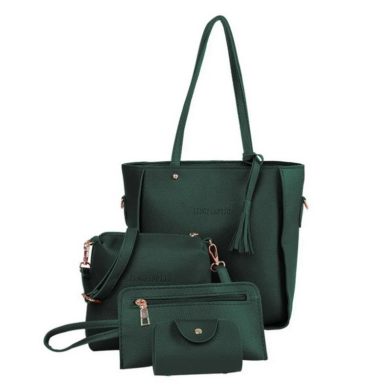 3Pcs/Set Bags For Women Handbag PU Leather Shoulder Bags Casual Tote Tassel Top Handle Designer Bag Composite Messenger Bag - Цвет: 2-0001green 2