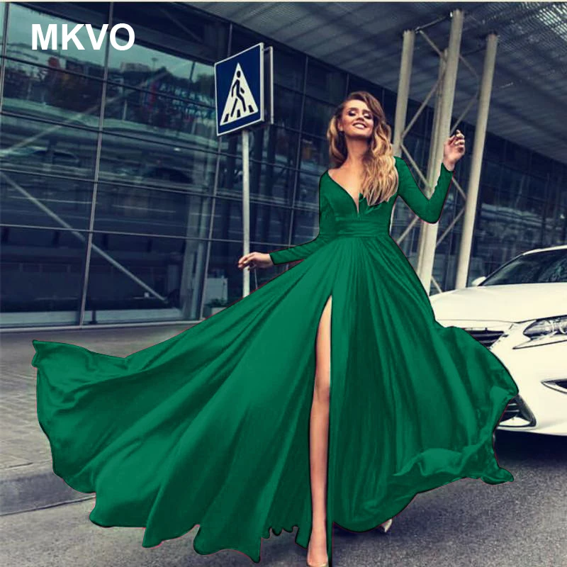 

2019 ladies spring and summer sexy deep V solid color dress split beach Elegant Floor-Length Dress party dress female