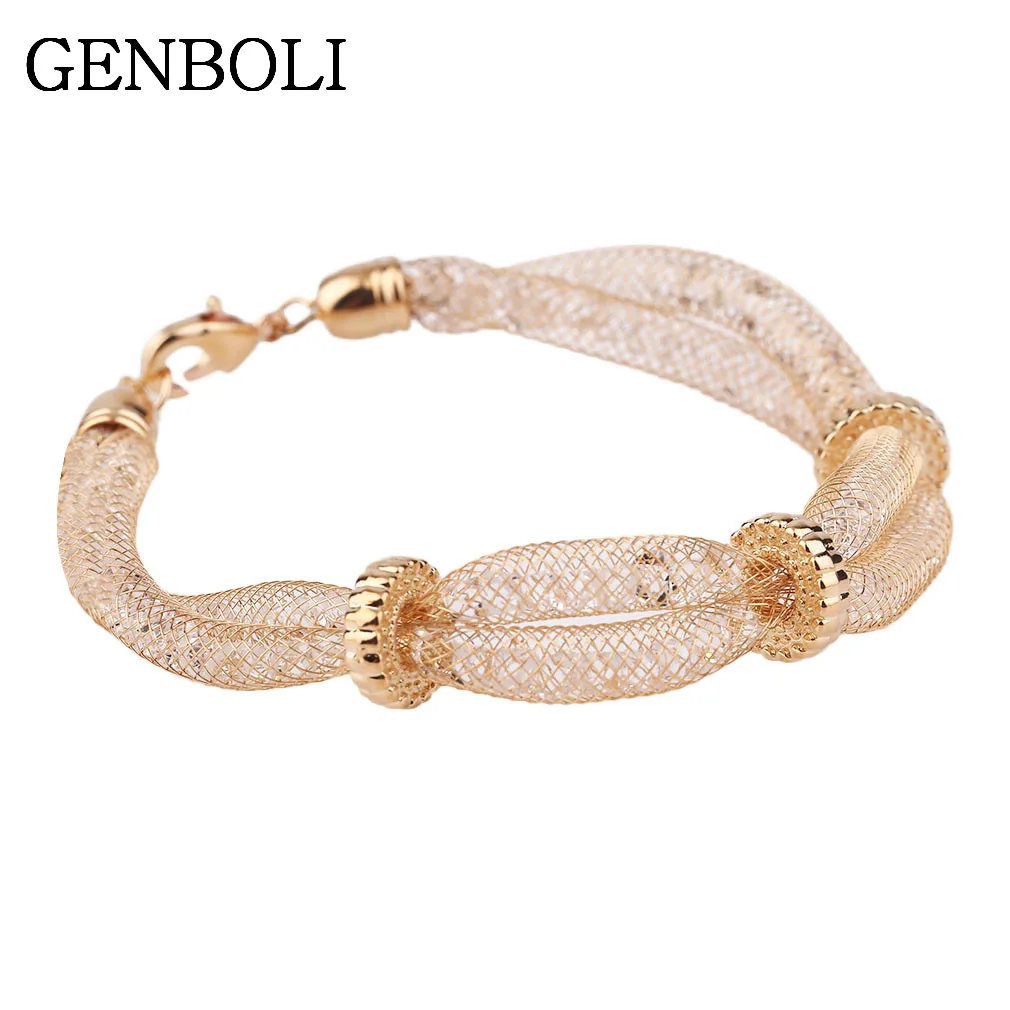 Charming Women Gold Mesh Style Wire Mesh Chain Bracelet Lady Zirconia