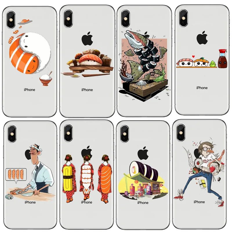 

Japanese salmon Sushi Phone Case For Iphone XR 8 8Plus Transparent Silicone TPU Back Cover For Iphone 5 XS Ma 6s Plus 7 7Plus