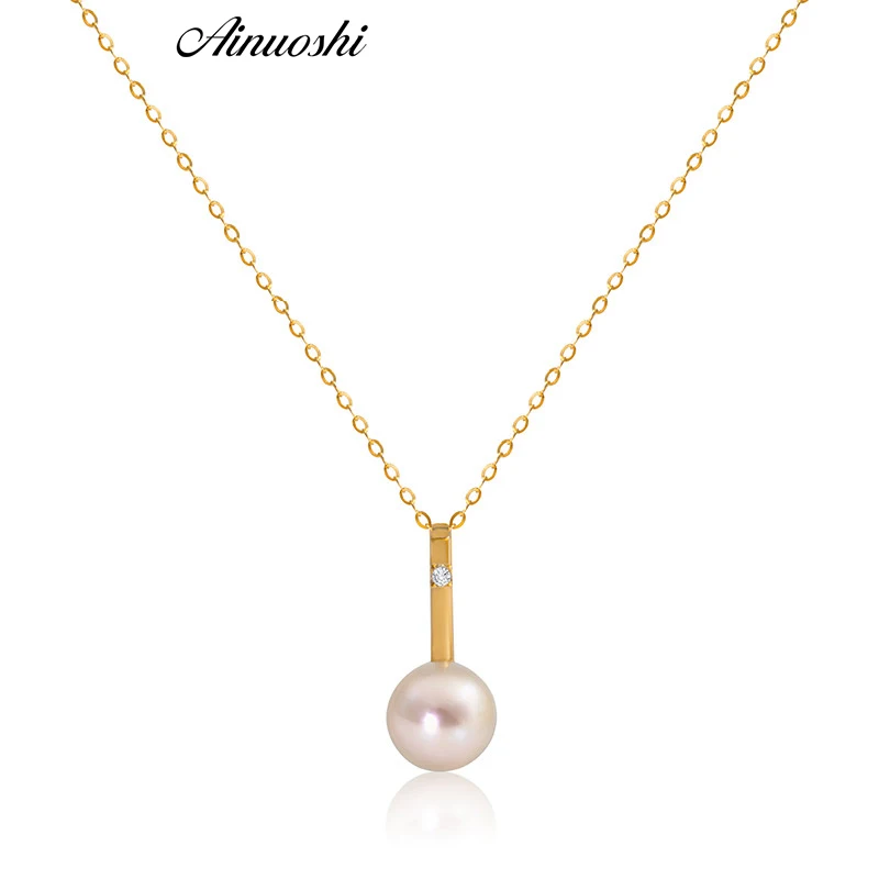 

AINUOSHI 18K Yellow Gold Real Diamond Pendant Natural Pearl Necklace 7-7.5mm Round White Pearl Women Engagement Pendant Chain
