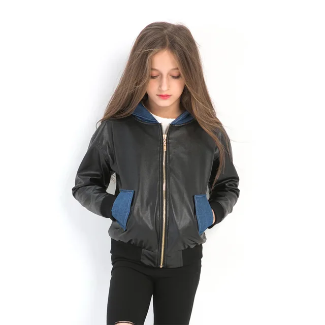 PU Leather Jackets for Teenage Girls with Hoodies Long Sleeve Short