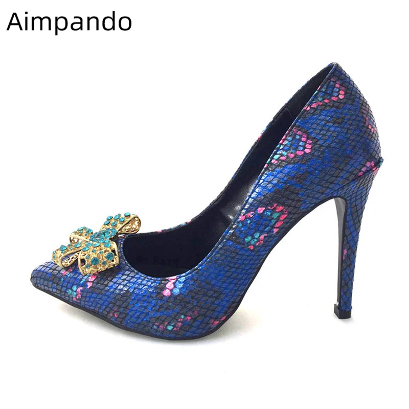 

Sexy 2019 Snakeskin High Heel Shoes Woman 10cm Thin Heels Pointed Toe Metal Butterfly-knot With Rhinestone Wedding Shoes