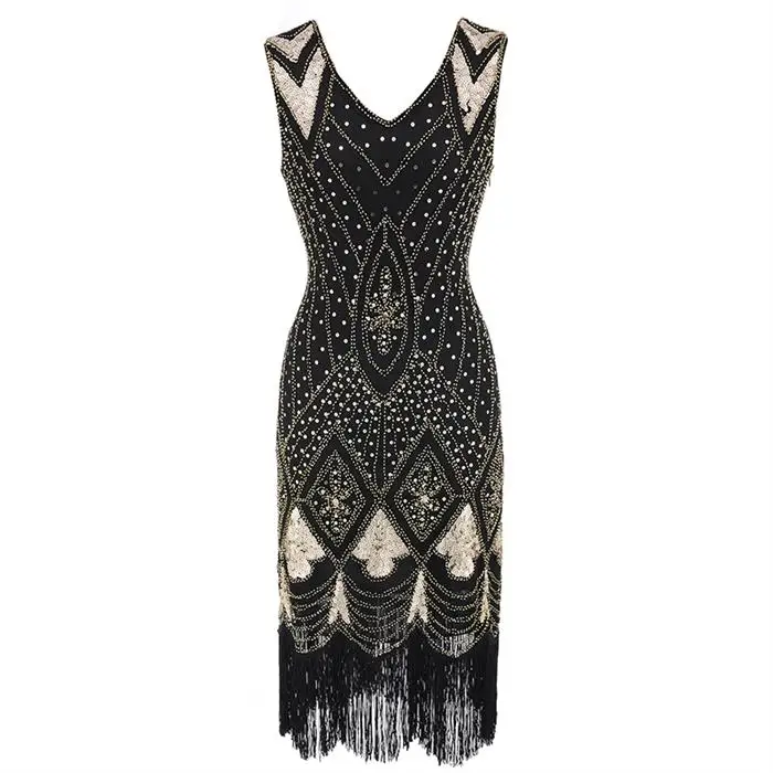 Ladies Black Deluxe 20s Roaring 1920s Flapper Costume Sequin Pearls Fancy Dress
