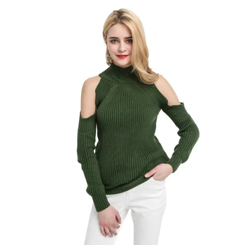 

White/Dark Green/Light Purple Cold Shoulder High Neck Pullover Women Turtle Neck Off Shoulder Knitting Sweater TA02800049