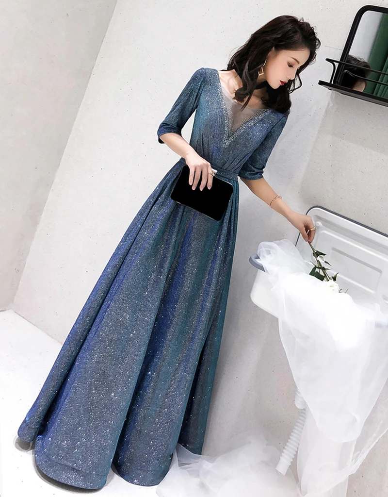 Evening Dresses Long Pretty Sexy Friendly Fabric Half Sleeves O-neck Ruched Beading Sparkle New Formal Party Gowns 2019 Evening Dresses Long Pretty Sexy Friendly Fabric Half Sleeves O-neck Ruched Beading Sparkle New Formal Party Gowns 2019