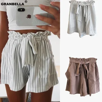 

High Quality Women's Ladies Fashion Casual Shorts Elastic Waist Striped Tie Short Mini Slim Shorts Summer Wide Leg Shorts