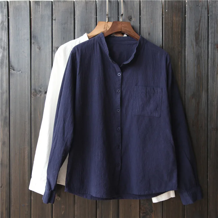 

Women Spring Summer Long Sleeve Loose Blouse Cotton Linen Stand Collar Open Stich Cardigans pockets Solid Color Literature