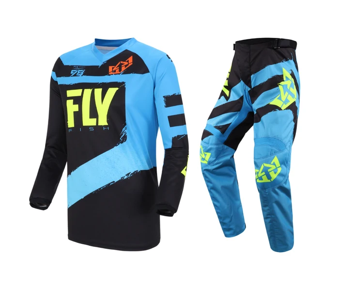 Fly Fish гоночный костюм Джерси брюки комбо мотоцикл велосипед ATV BMX MTB Mx внедорожный спуск для верховой езды для взрослых набор передач - Цвет: Blue
