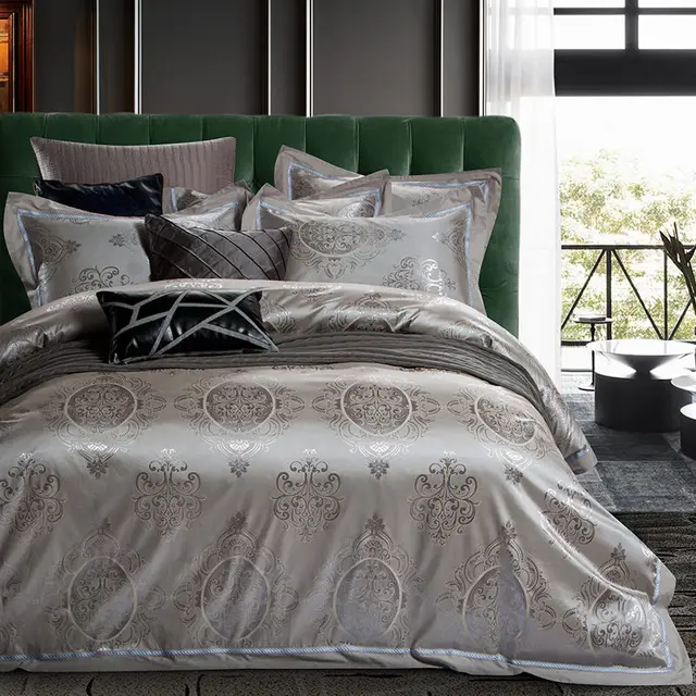 4pc Gray gold Jacquard bedding sets queen king size duvet cover set
