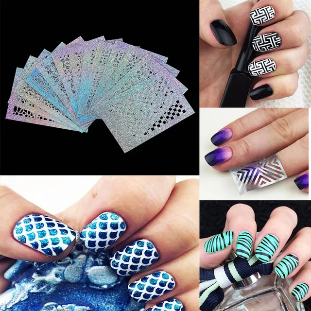 1SET /24 Sheets New Nail Hollow Irregular Grid Stencil Reusable